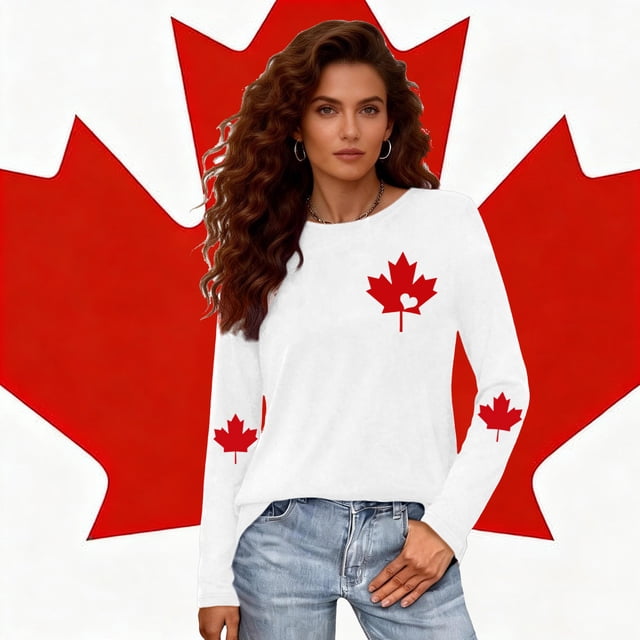 Uootdi T-Shirts Décontractés pour Femmes à Manches Longues Col Rond Canada Imprimé Graphique Coupe Ample Sorties de Fin de Semaine Hauts Doux Cadeau