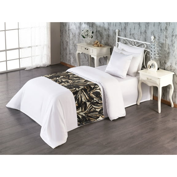 Nature Bed Runner, Minimalist Style Drawn Jungle Leaves Sketch Pattern on Dotted Background, Decorative Accent Bedding Scarf for Hotels Homes & Guest Rooms, Twin, Charcoal Grey and Ecru, by Ambesonne