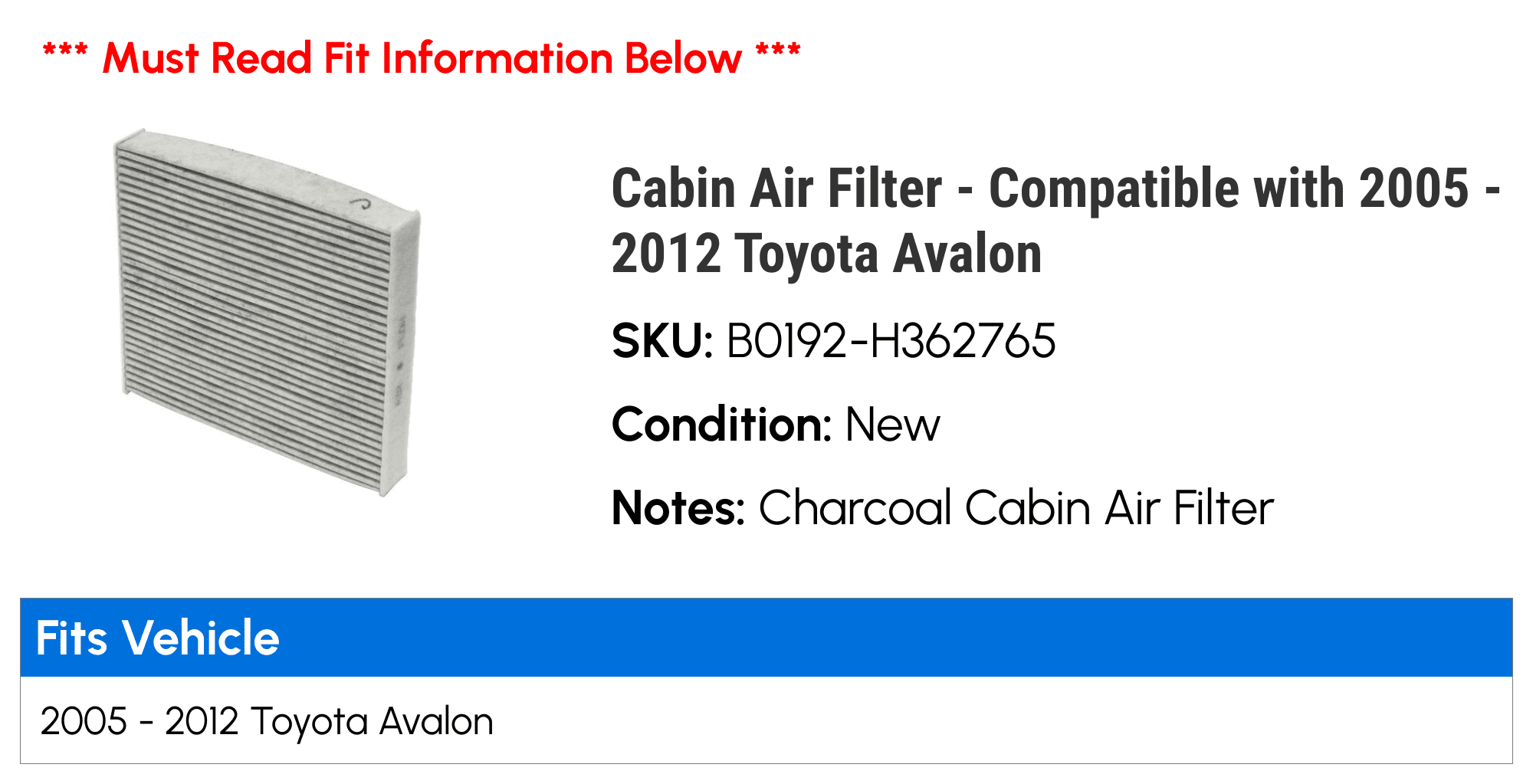 Cabin Air Filter - Compatible with 2005 - 2012 Toyota Avalon 2006 2007 2008 2009 2010 2011