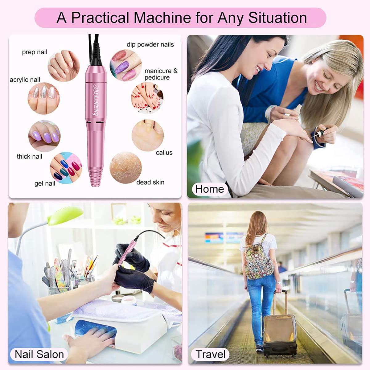 Professional Electric Nail Drill 20000RPM - Nail File Drill Kit for Acrylic & Gel Polish - Manicure Pedicure Drill with 6 Bits & 100 Bands - Low Noise Nail Drill Machine for Salon & Home