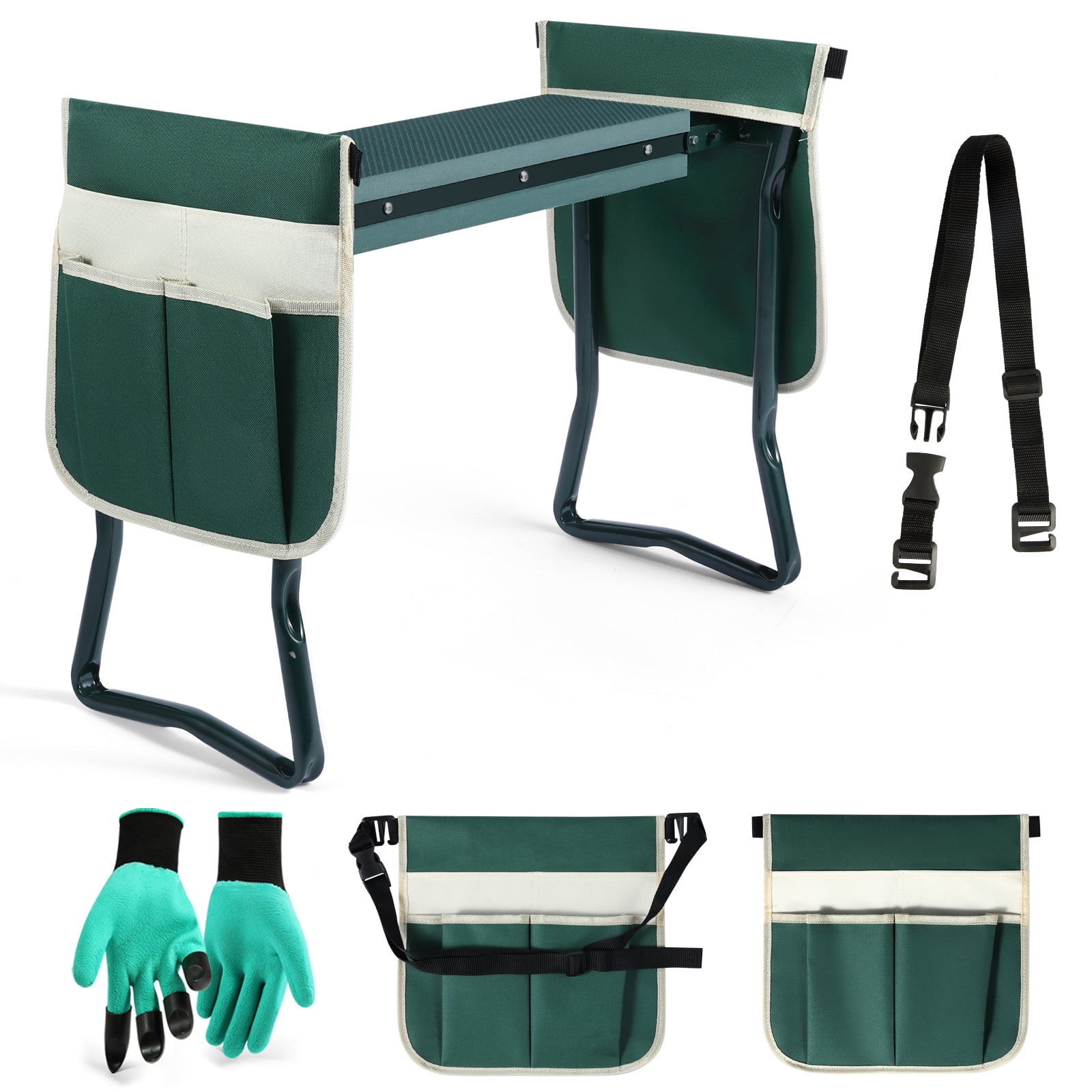 Green Two Extra Thicken Pouch 300lbs Durable 600d Polyester Thicken Fabric Folding Garden Kneeler Bench Stool Eva Pad Seat with Gloves 