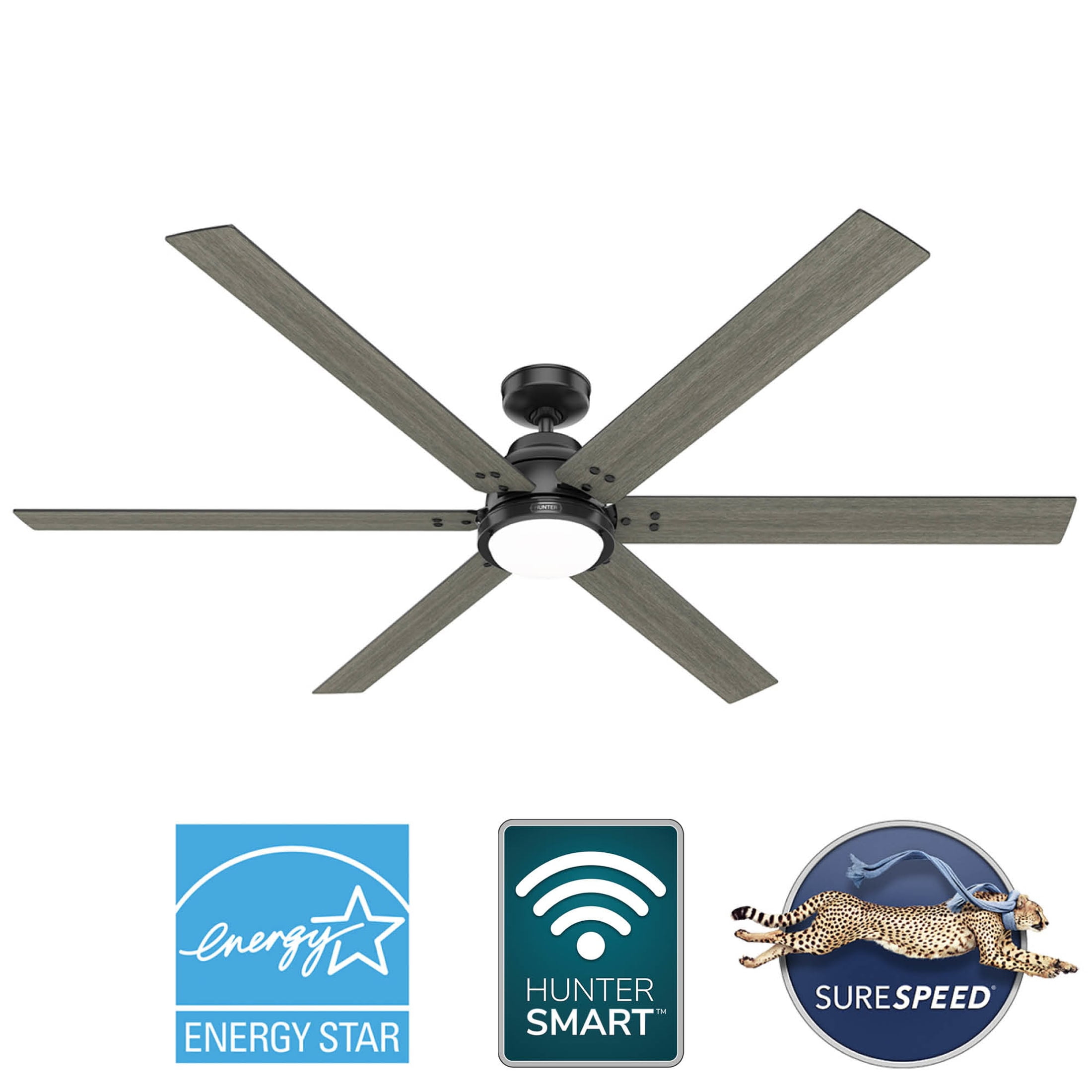 Hunter 72 inch Indoor Ceiling Fan with LED Light and Remote Control - Black Smart Ceiling Fan, Standard Mount, 6 Blades, For Bedroom or Living Room, Quiet - Gravity 51950, Matte Black