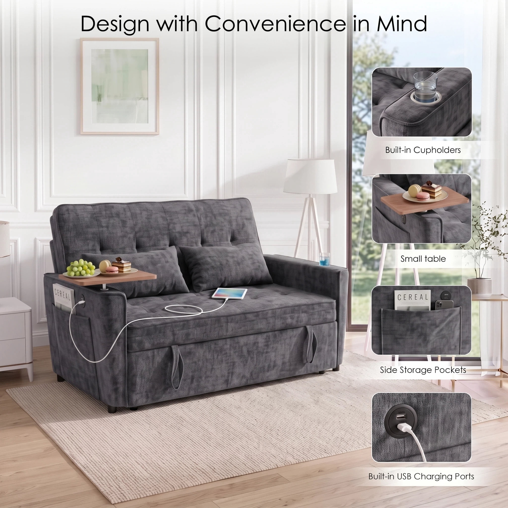 AISWORD 54" Convertible Pull Out Sleeper Sofa Bed, Chenille Loveseat Couch with USB Port, Side Tray Table, Cup Holder, Storage Pockets & Adjustable Backrest for Small Spaces, Dark Gray