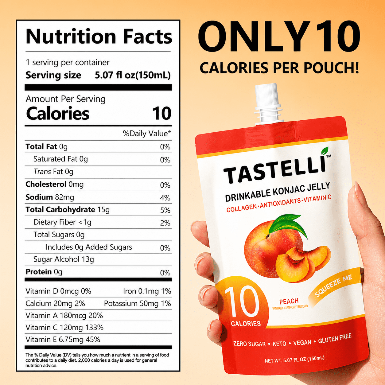 Tastelli Konjac Jelly Infused with Collagen & Vitamin C | Gluten Free, Sugar Free, Low Calorie | Vegan Drinkable Fruit Jelly Snack | Peach | 150mL x 10 Pouches