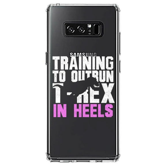 DistinctInk Clear Shockproof Hybrid Case for Samsung Galaxy Note 8 - TPU Bumper Acrylic Back Tempered Glass Screen Protector - Training to Outrun T-Rex in Heels