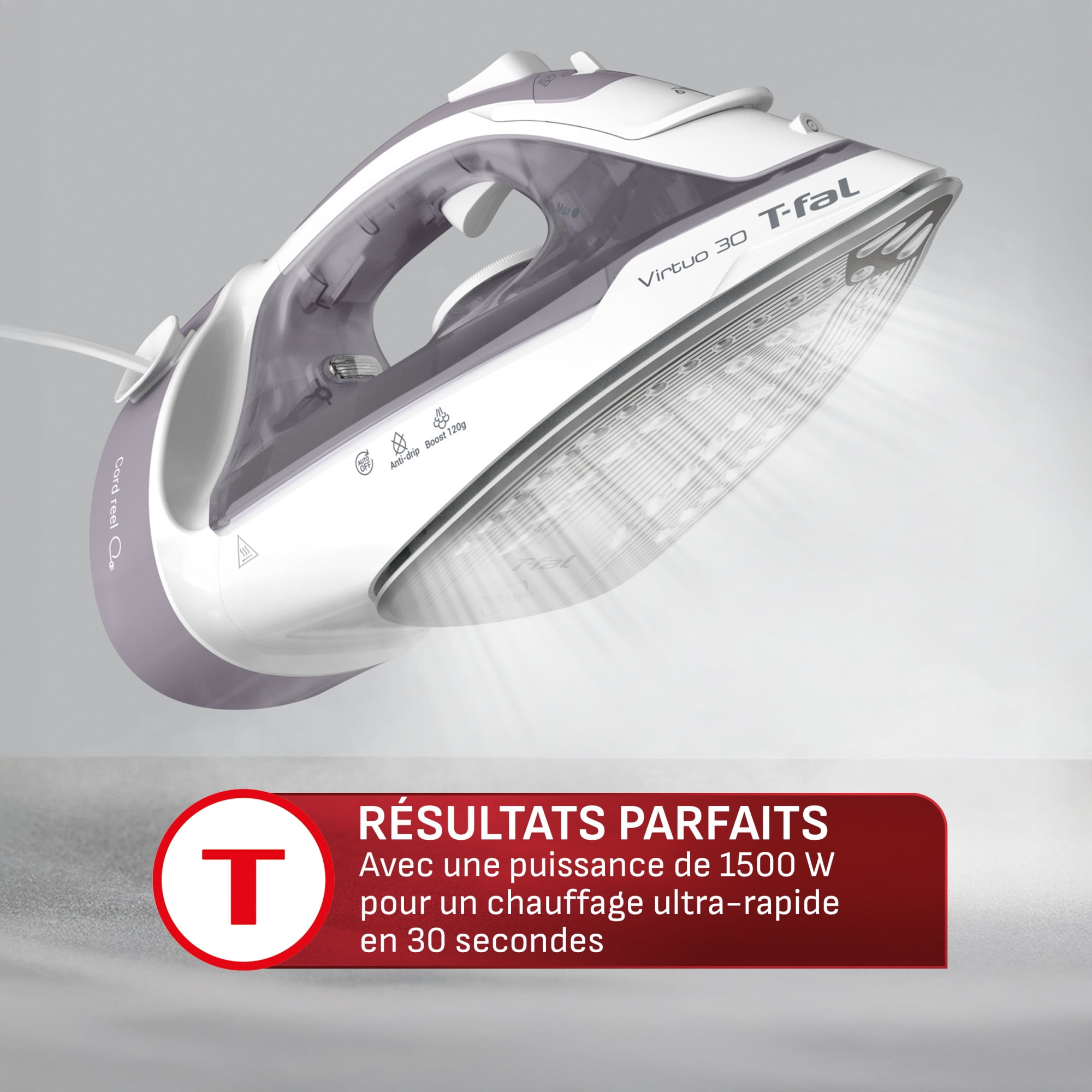 Fer à vapeur Virtuo 30, 1500 W avec cordon rétractable, semelle en céramique et arrêt automatique