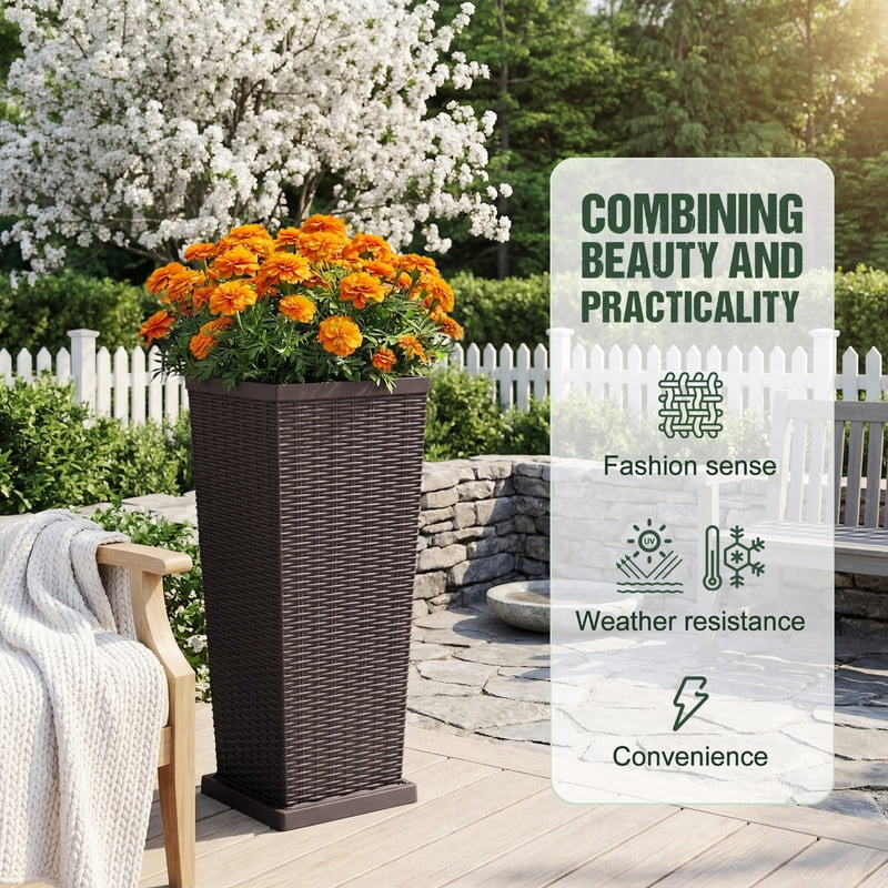 Homall 32" Tall Plastic Planter Set of 2 with Inside Pots, Drainages and Trays, for Outdoor and Indoor