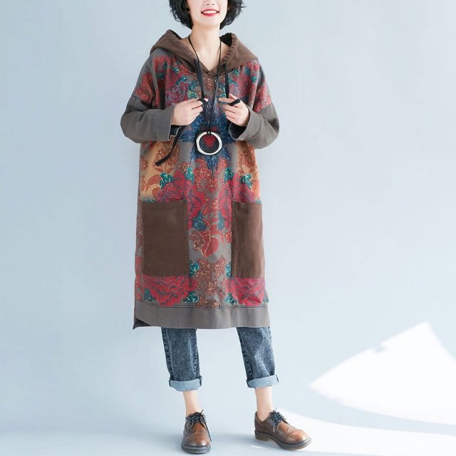 Vestido retro estampado estilo suéter de largo medio con capucha para mujer de talla grande