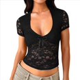 thumbnail image 1 of Camisa de Larga con Encaje para Mujer, Corte Bajo, Estilo Y2K, Corte Entallado, Ideal para Salir, Discotecas y Conciertos. Negro L, 1 of 9