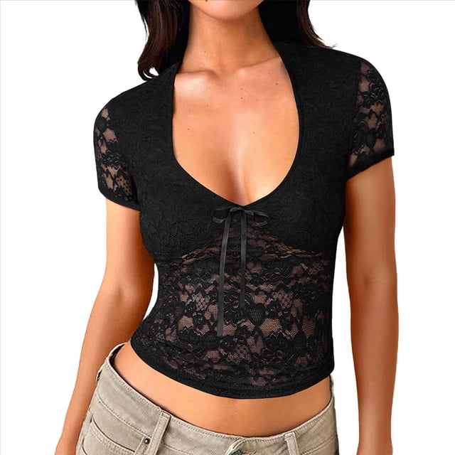Camisa de Larga con Encaje para Mujer, Corte Bajo, Estilo Y2K, Corte Entallado, Ideal para Salir, Discotecas y Conciertos. Negro L