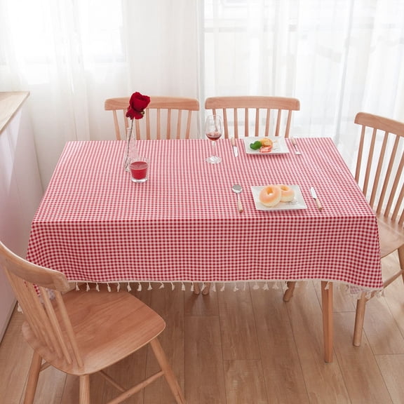 Mictong cotton linen plaid tassel lace rectangular countryside tablecloth, suitable for decorating farmhouses, kitchens, and restaurants, Pink, 1 piece
