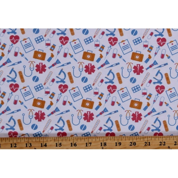 Cotton Medical Equipment Nurses First Aid Hospital Heartbeat White Cotton Fabric Print by the Yard (110831-CA61220)