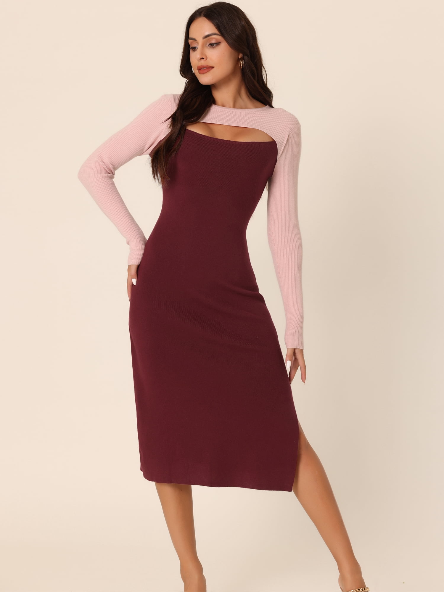 DARING DIVA Crew Neck Stretch Cutout Midi Sweater Dress L Pink-Wine Red