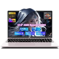 17.3" IPS FHD Gaming Laptop, 6 Cores AMD Ryzen 5 6600H 32GB DDR5 RAM 1TB SSD (Beat i7-1165G7 up to 4.5GHz) 660M 6nm GPU-Computer with 100W Type-C Backlit Keyboard, Fingerprint Win 11 RoseGold