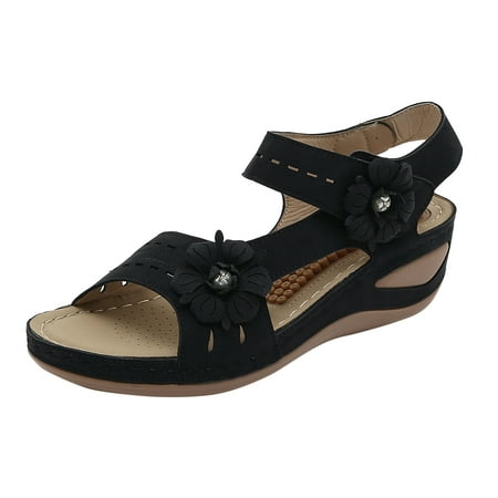 

SEMIMAY Women Summer Flowers Casual Open Toe Wedges Massage Soft Bottom Breathable Hook Loop Shoes Sandals Black