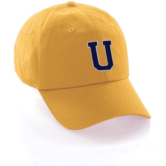 Customized Letter Intial Baseball Hat A to Z Team Colors, Gold Cap White Navy