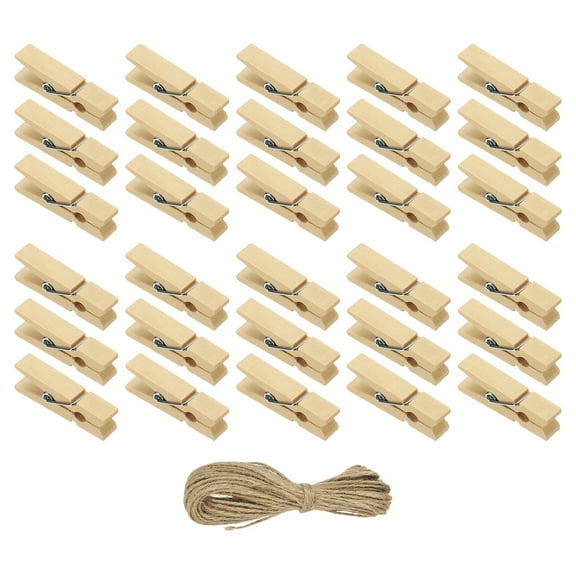 Uxcell 1.4" Wooden Colored Clothes Pins, 50Pcs Mini Colorful Wooden Clothes Clips with 32Ft Jute Twine Strong Grip Photo Clips for Pictures Hanging Clothes Decorative Crafts, Wood