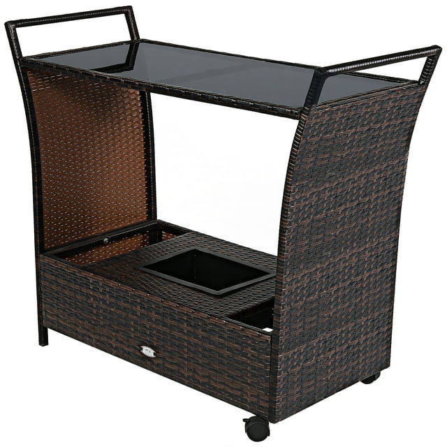 Costway Patio Rolling Rattan Kitchen Trolley Cart Dining Aluminum Frame W/ Storage Box