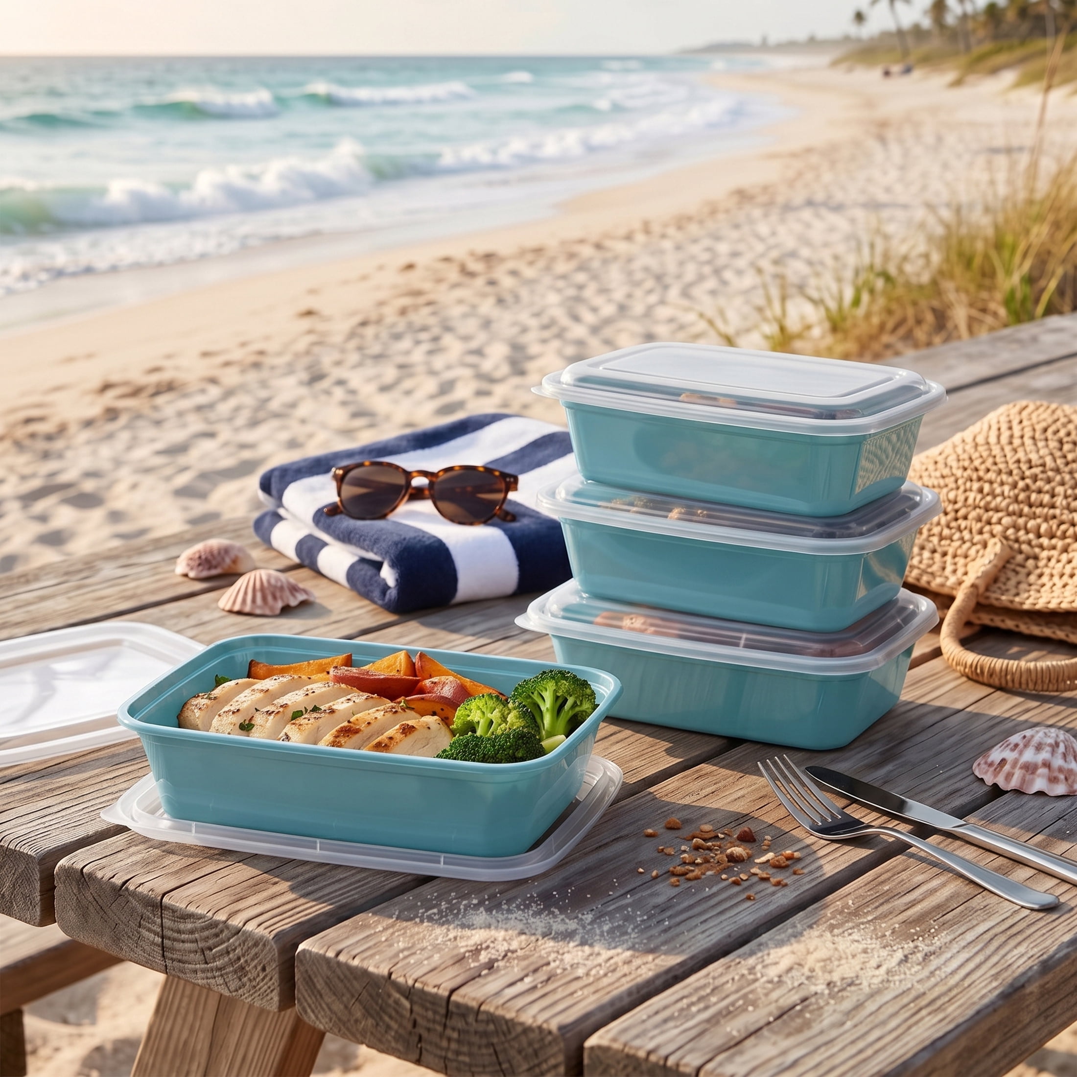 Mainstays 5-Pack 1-Compartment BPA-Free Plastic Meal Prep Food Storage Containers, 1L, Blue Cameo