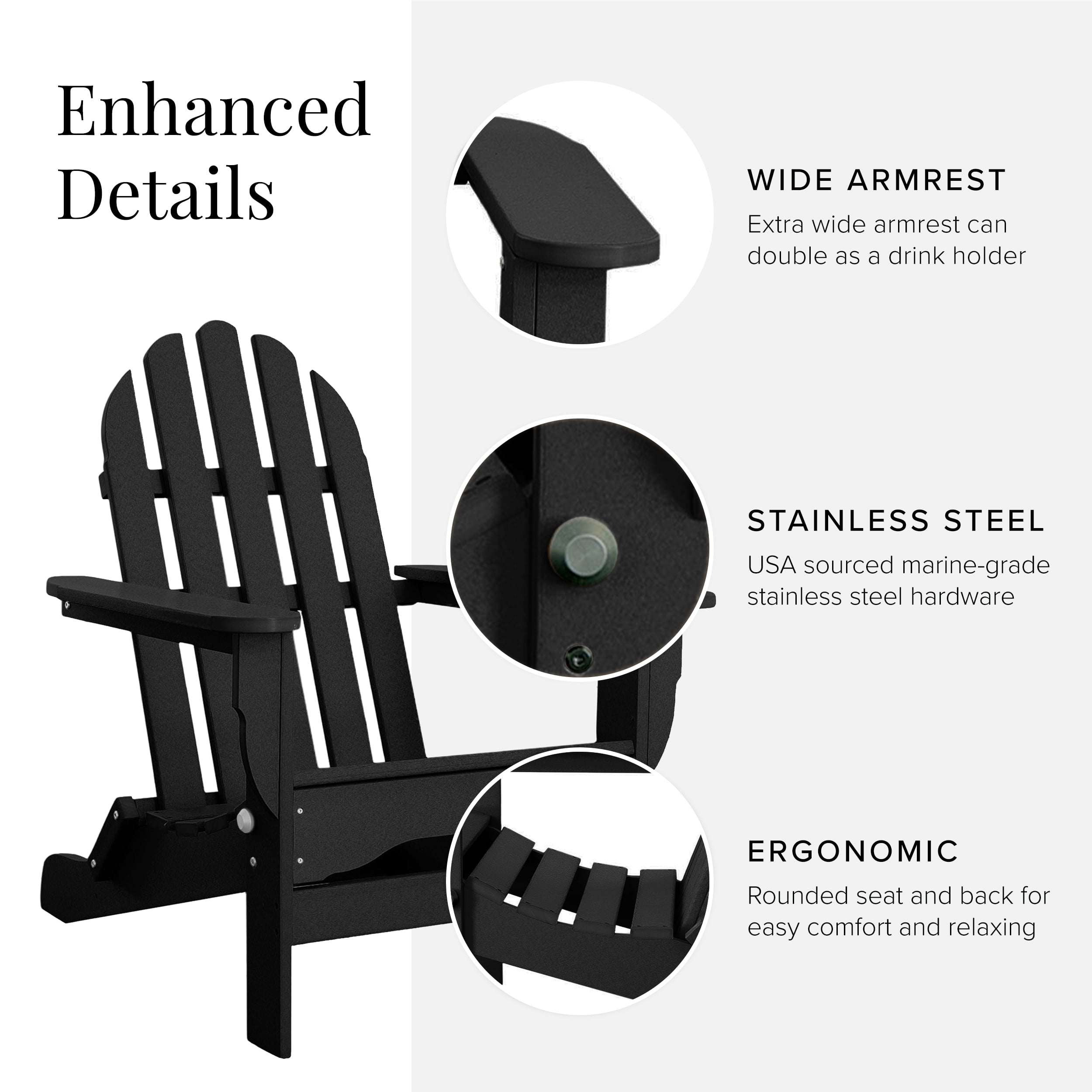 DuroGreen Folding Adirondack Chairs Made With All-Weather Tangent Lumber, Set of 4, Oversized, High End Patio Furniture for Porch, Lawn, Deck, or Fire Pit, No Maintenance, , Black