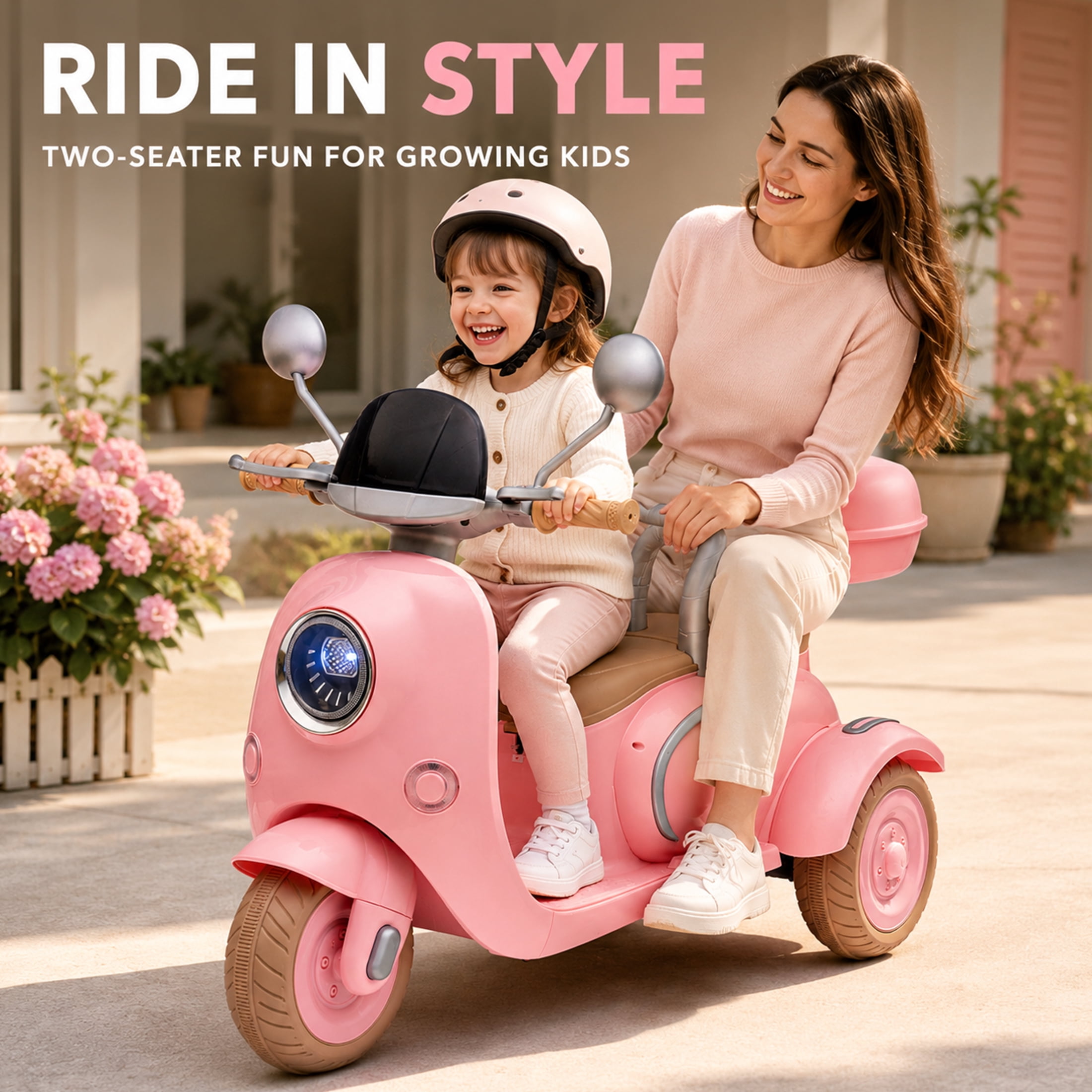 12V Electric Motorcycle for Kids, 2 Seater Battery Power Ride on Motorcycle Toys with Slow Start, LED, Music, USB, 3 Wheel Electric Motorcycle for Boy Girl Birthday Gift, Pink