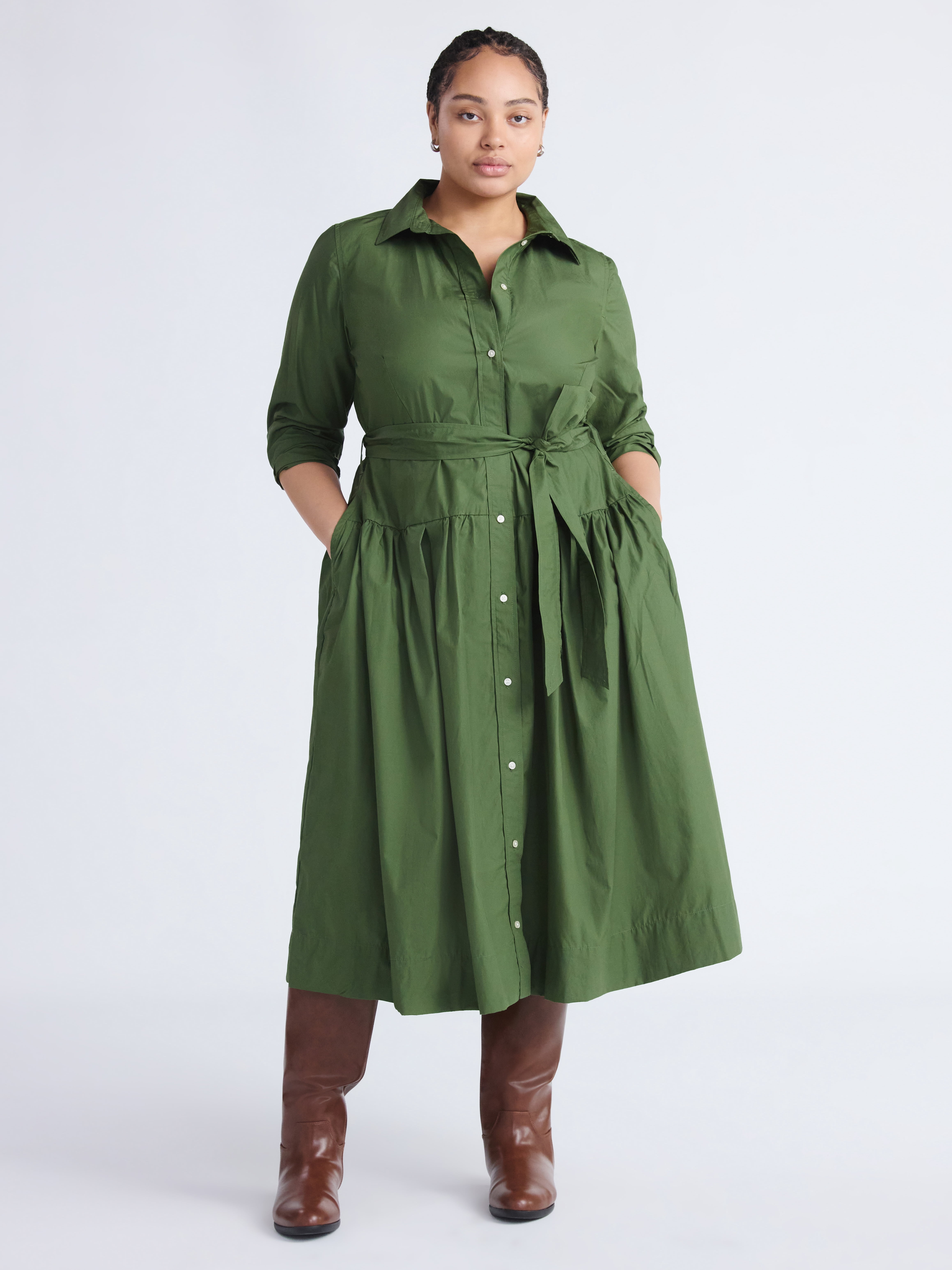 Free Assembly Women's and Women’s Plus Belted Cotton Maxi Shirtdress with Long Sleeves, Sizes XS-4X