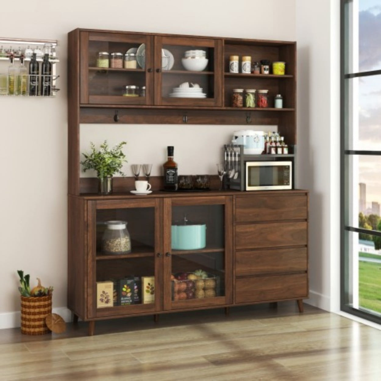 63" Large Kitchen Hutch Cabinet, Freestanding Pantry Storage Cabinet with 4 Doors, 4 Drawers & Microwave Shelf, Kitchen Cupboard Organizer, Walnut
