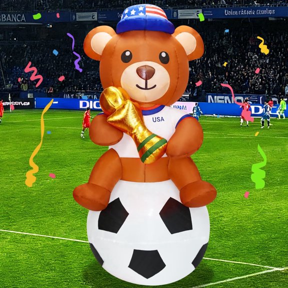KINQUINN 6 ft Inflatable Teddy Bear Sitting on Soccer Ball With LED Light, Blow-up Bear With Trophy For Sports Themed Party Game Day Tailgate
