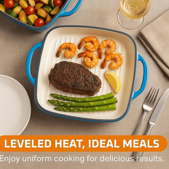 2-in-1 Pre-Seasoned Square Cast Iron Dutch Oven with Dual Handles, Non Stick Pan with Grill, All-in-One Cookware Set, Cast Iron Casserole Dish with Lid for Braising Dishes,Whale Blue