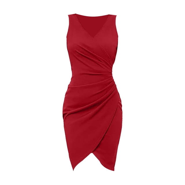 Vestido sexy de fiesta sin mangas con cuello en V, plisado y color liso para mujer