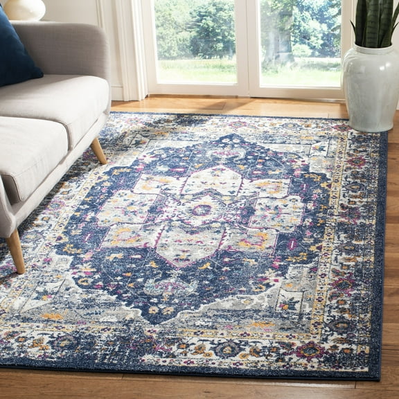 SAFAVIEH Evoke Westley Bordered Area Rug, Navy/Gray, 6'7" x 6'7" Square