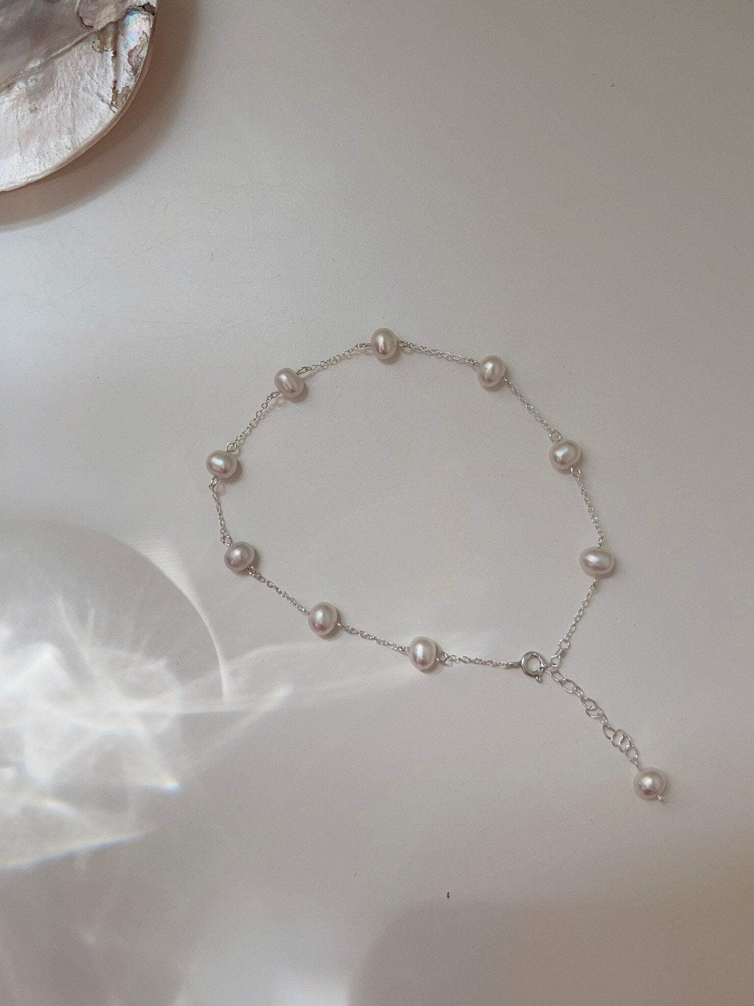 S925 Freshwater Pearl Anklet, Silver Dainty Anklet