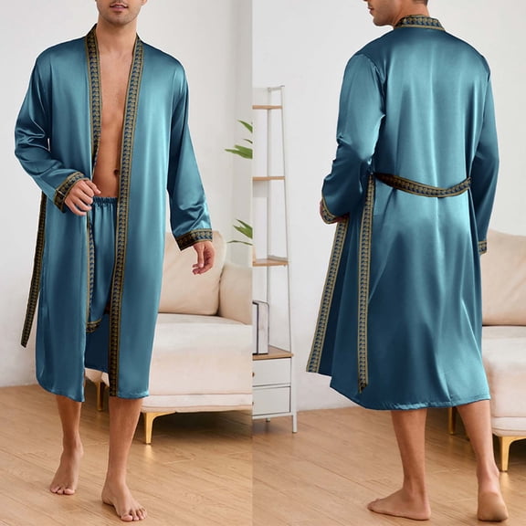 RYDCOT Men's Satin Robe Silky Kimono Bathrobe with Shorts Set Lightweight Soft Loungewear Nightwear Blue
