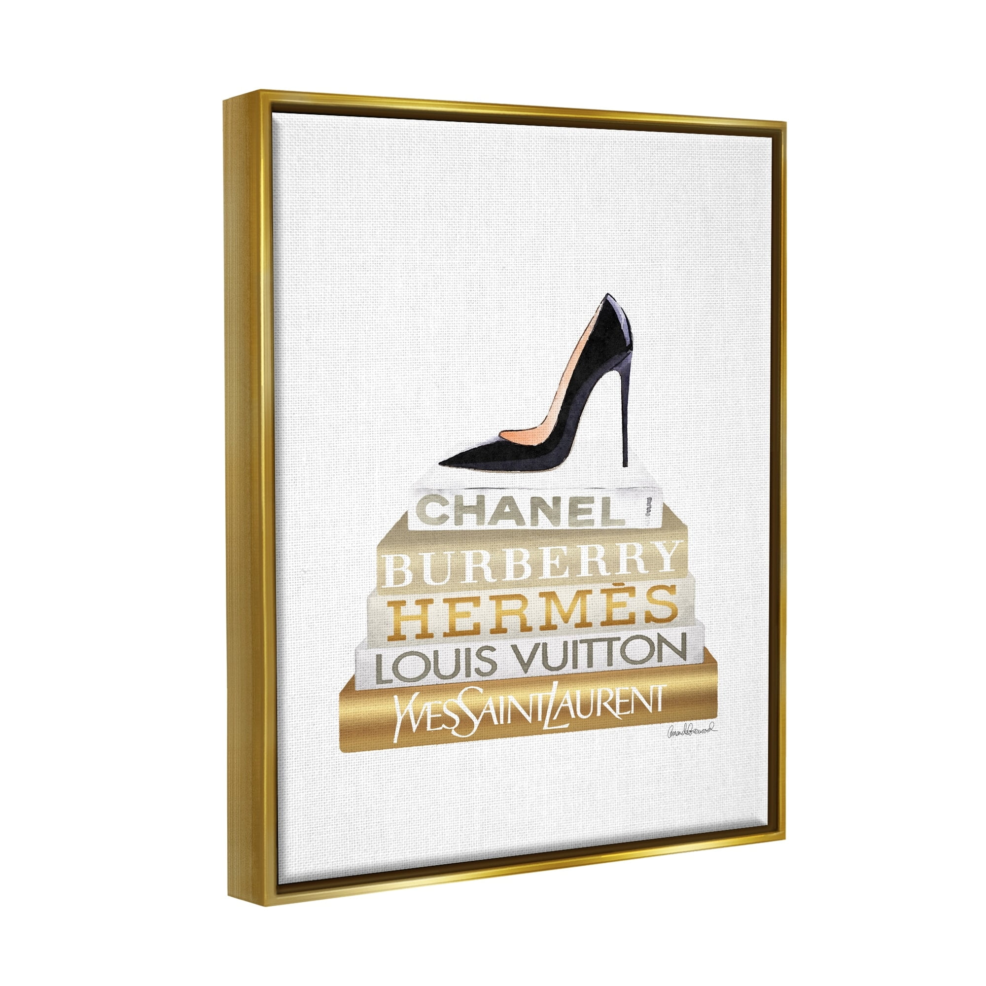Stupell Industries Black Heels Gold White Bookstack Glam Fashion Design Metallic Gold Framed Floating Canvas Wall Art, 16x20, by Amanda Greenwood