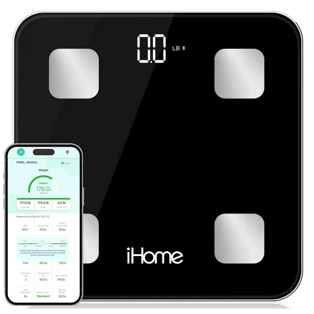 Báscula digital inteligente iHome con Bluetooth para medir el peso corporal. Incluye IMC, grasa corporal y masa muscular. Pilas incluidas (Bluetooth inteligente negro).