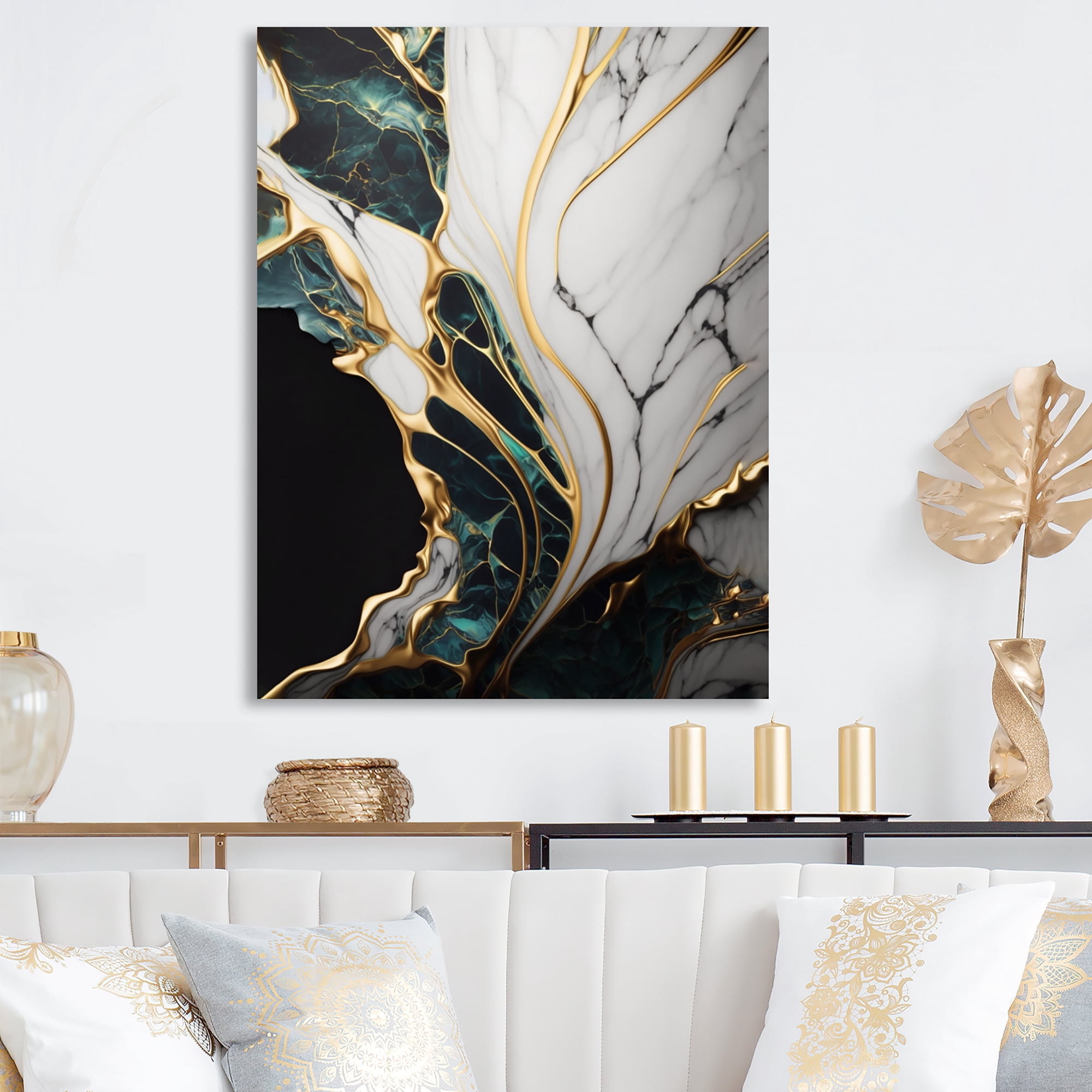Designart Abstract Geode Gold And Green Marble III Canvas Wall Art