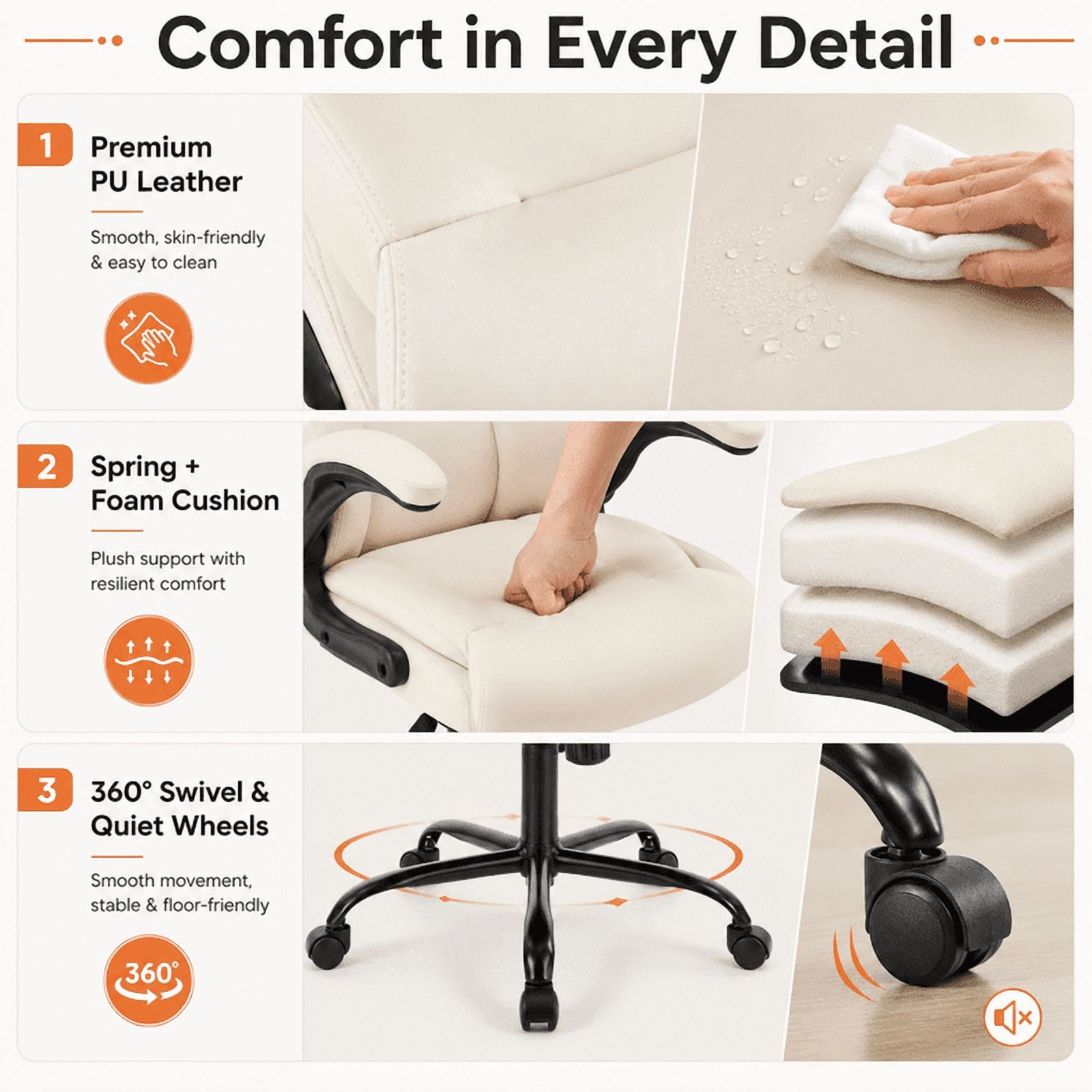Ergonomic PU Leather Executive Office Chair, Adjustable Height Desk Chair with Lumbar Support, Wide Seat, 360° Swivel and Quiet Wheels, White
