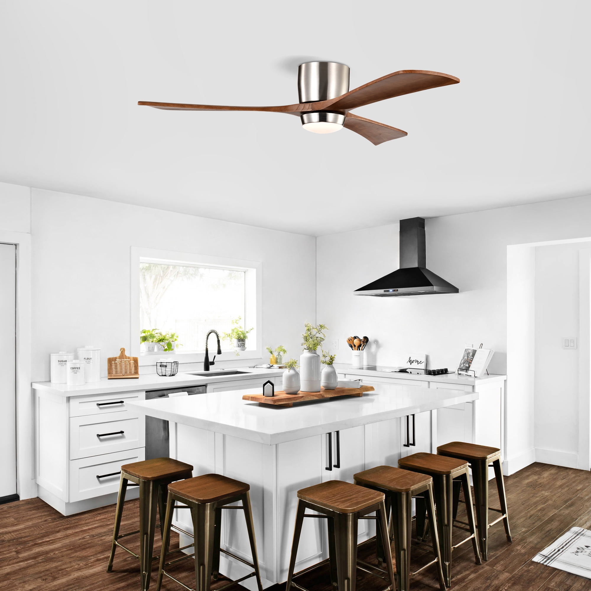 Leumius 52" Flush Mount Solid Wood Blades Ceiling Fan with Light and Remote Control,Quiet DC Motor 6 Speed Levels,Reversible for Patio Living Room Bedroom Office Nickel