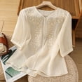 thumbnail image 2 of dgysar Womens Round Neck Shirts Short Sleeve Embroidered Pullover Tops Detailed Needlework Embroidery Design Lightweight Breathable Fabric Solid Color Short Sleeve Spring Summer Apparel Beige L, 2 of 4
