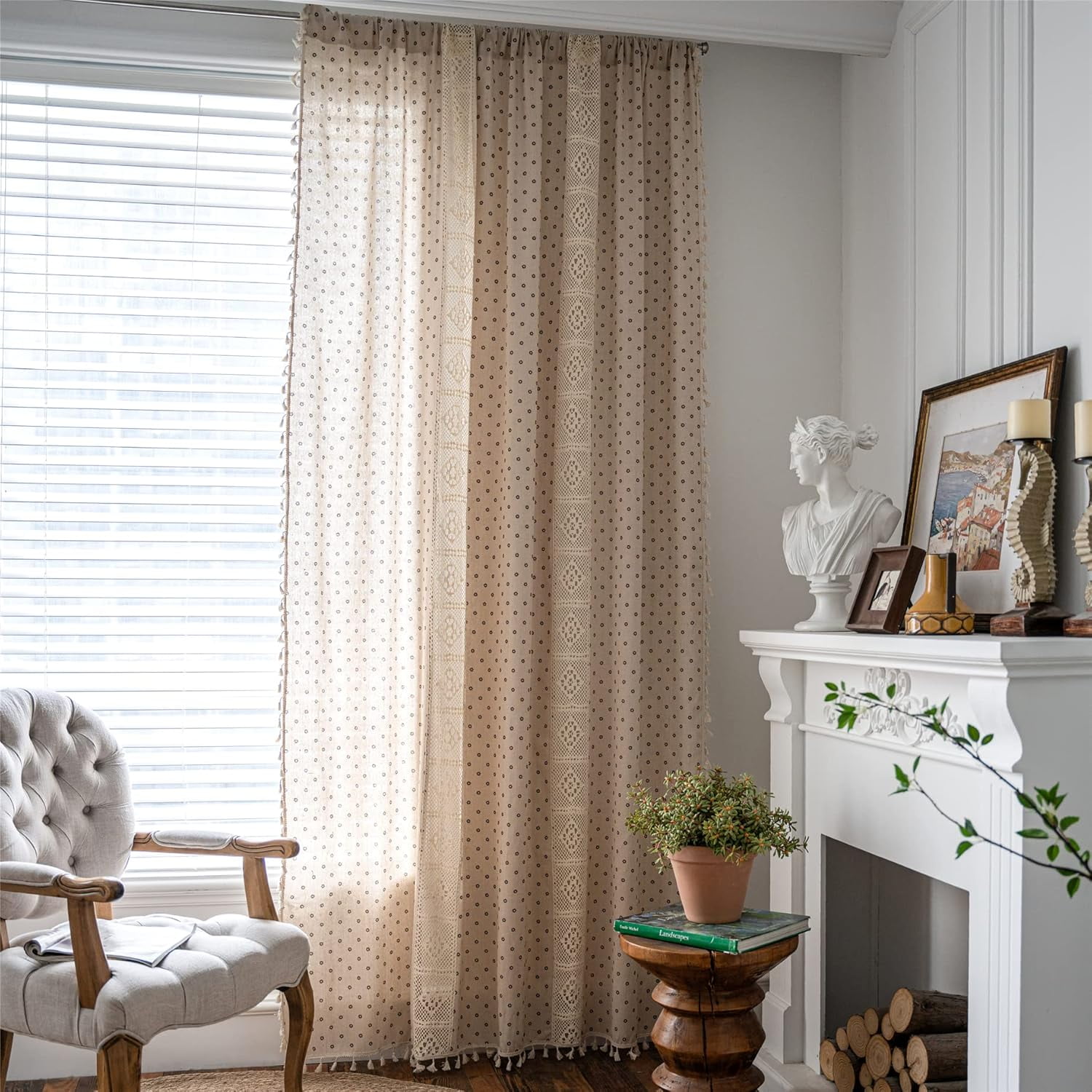 Vireellx Boho Curtains for Bedroom, Cream Hollow Crochet Stripes and Florals Print Cotton Linen Fabric Patchwork, Bohemian Beige Tassel Semi-Blackout Window Panel Farmhouse Drape