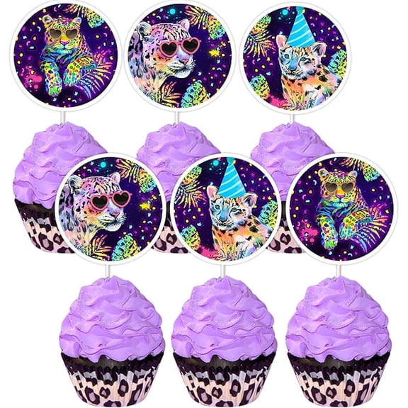 36 Pieces Rainbow Cheetah Cupcake Toppers for Boys Girls - Leopard Print Cupcake Picks, Jungle Safari Animal Birthday Party Baby Shower Decorations