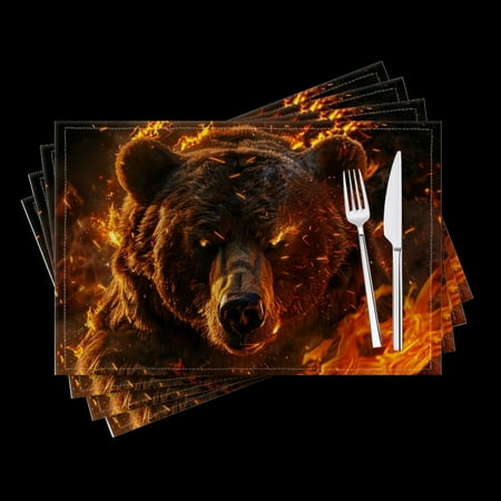 

Bahomeck Placemats Set Of 4 Rectangle Linen Cotton Placemats For Dining Table Fade Resistance Washable Heat Resistant，18*12Inch Angry Bear With Fire And Sparks In The Background