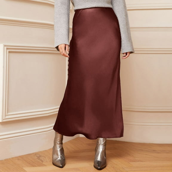 Women's High Waist Satin Skirt Elegant Elastic Waistband Flowy Midi Skirt for Casual Party Wear