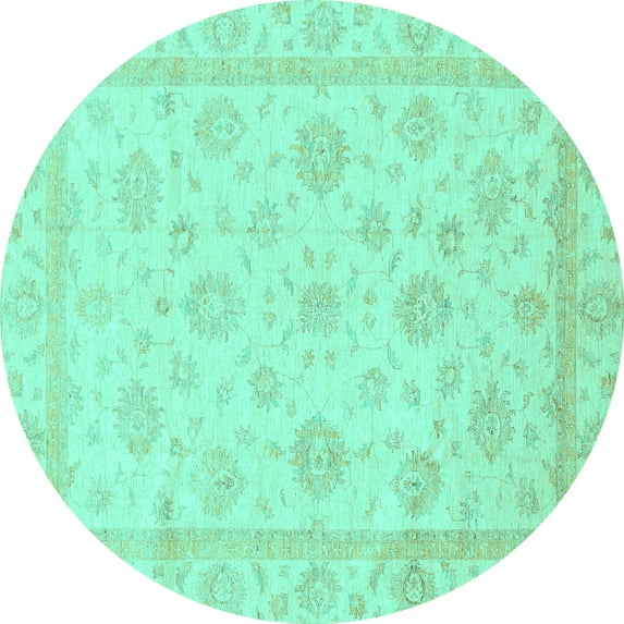 Ahgly Company Machine Washable Indoor Round Oriental Turquoise Blue Traditional Area Rugs, 3' Round