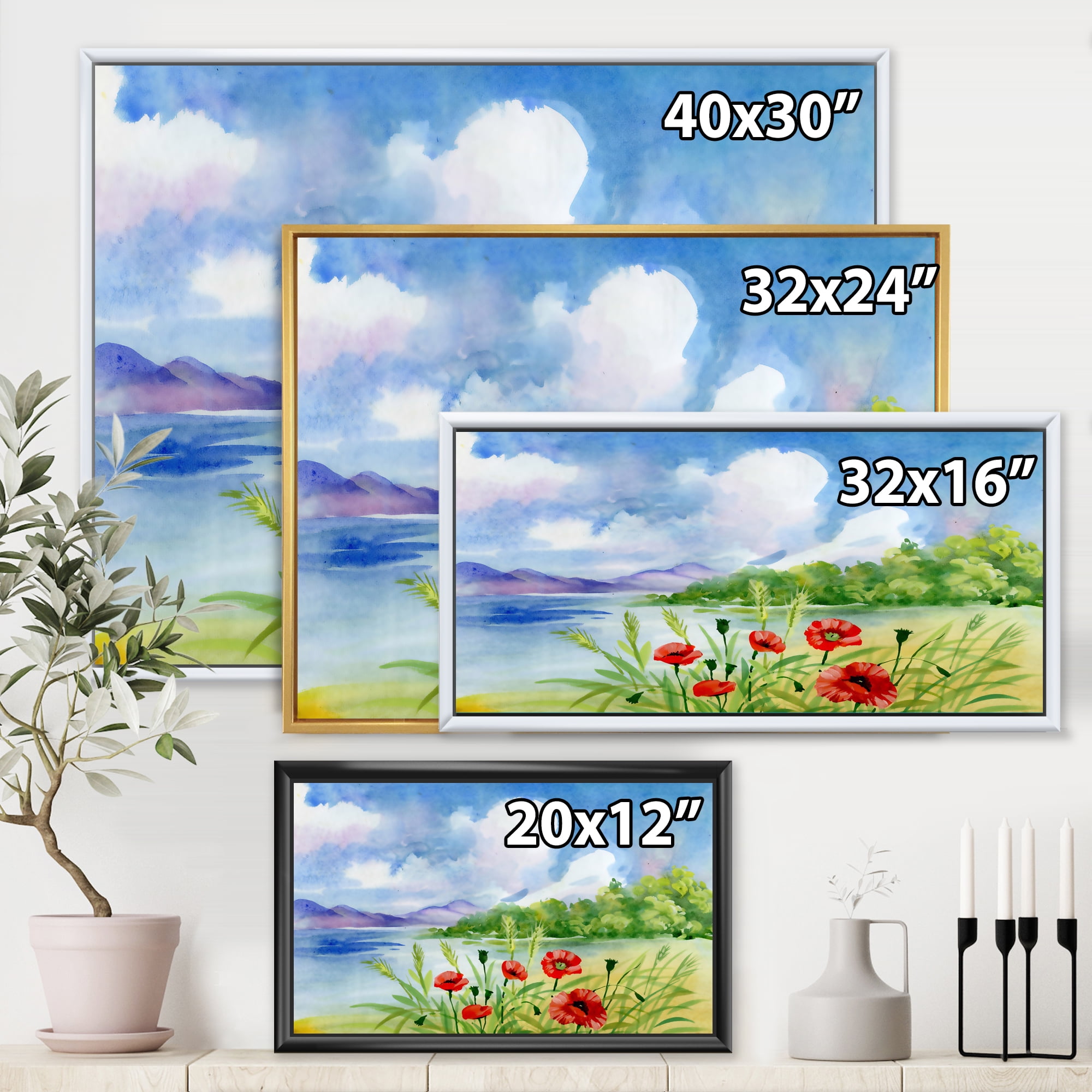 Designart 'Red Tulips On The Bank Near A River Mountain' Lake House Framed Canvas Wall Art Print