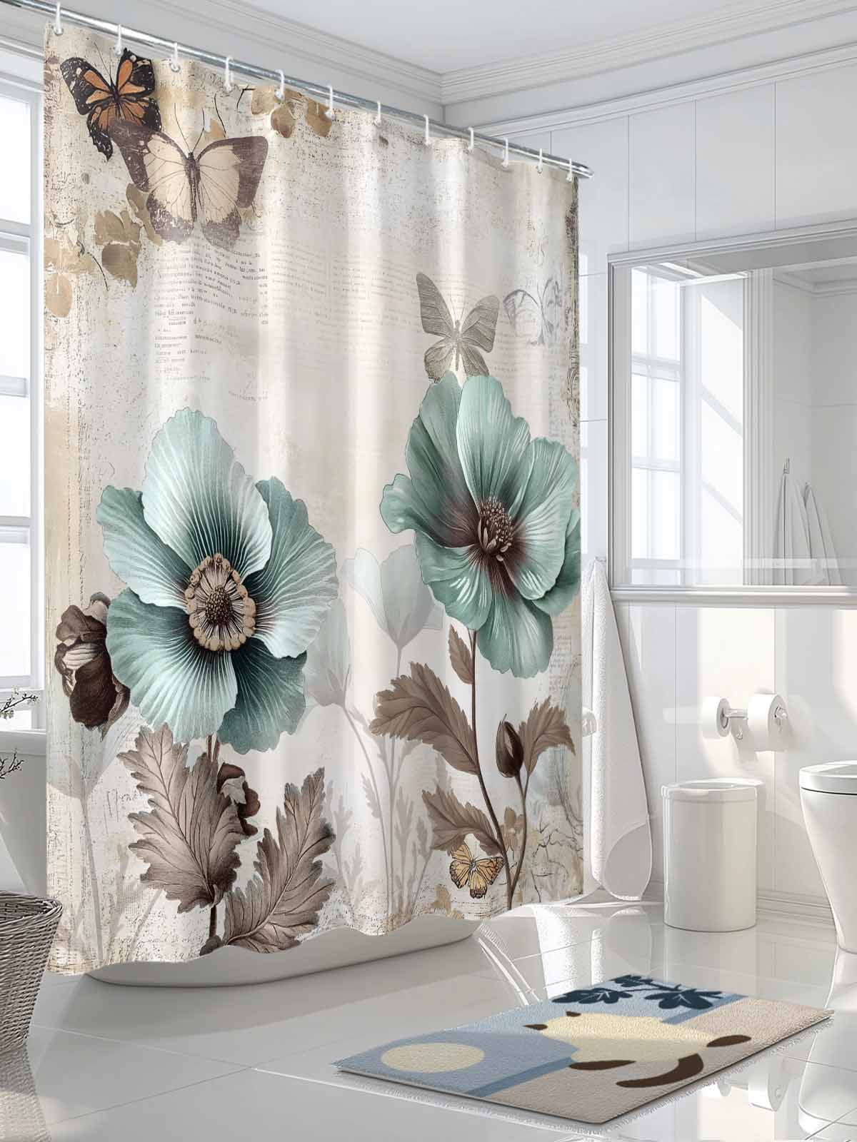 Teal Brown Spring Floral Long Shower Curtain Set, Waterproof Shower Curtains for Bathroom, Vintage Flowers Elegant Botanical Washable Fabric Cloth Bath Curtain for Bathtub with Hooks 72x84 Inches