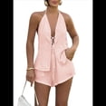 thumbnail image 2 of Conjunto de 2 Piezas de Top Holgado de Verano para Mujer, Sexy, con Espalda Descubierta, Cuello Halter y Lazo Frontal, y Pantalones Cortos de Cintura Alta. Rosa M, 2 of 10