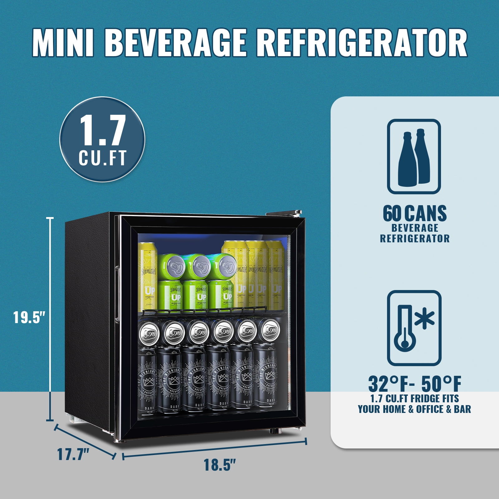 WANAI Beverage Refrigerator Cooler 1.7 Cu.ft Beer Fridge with Glass Door LED Light Adjustable Shelf