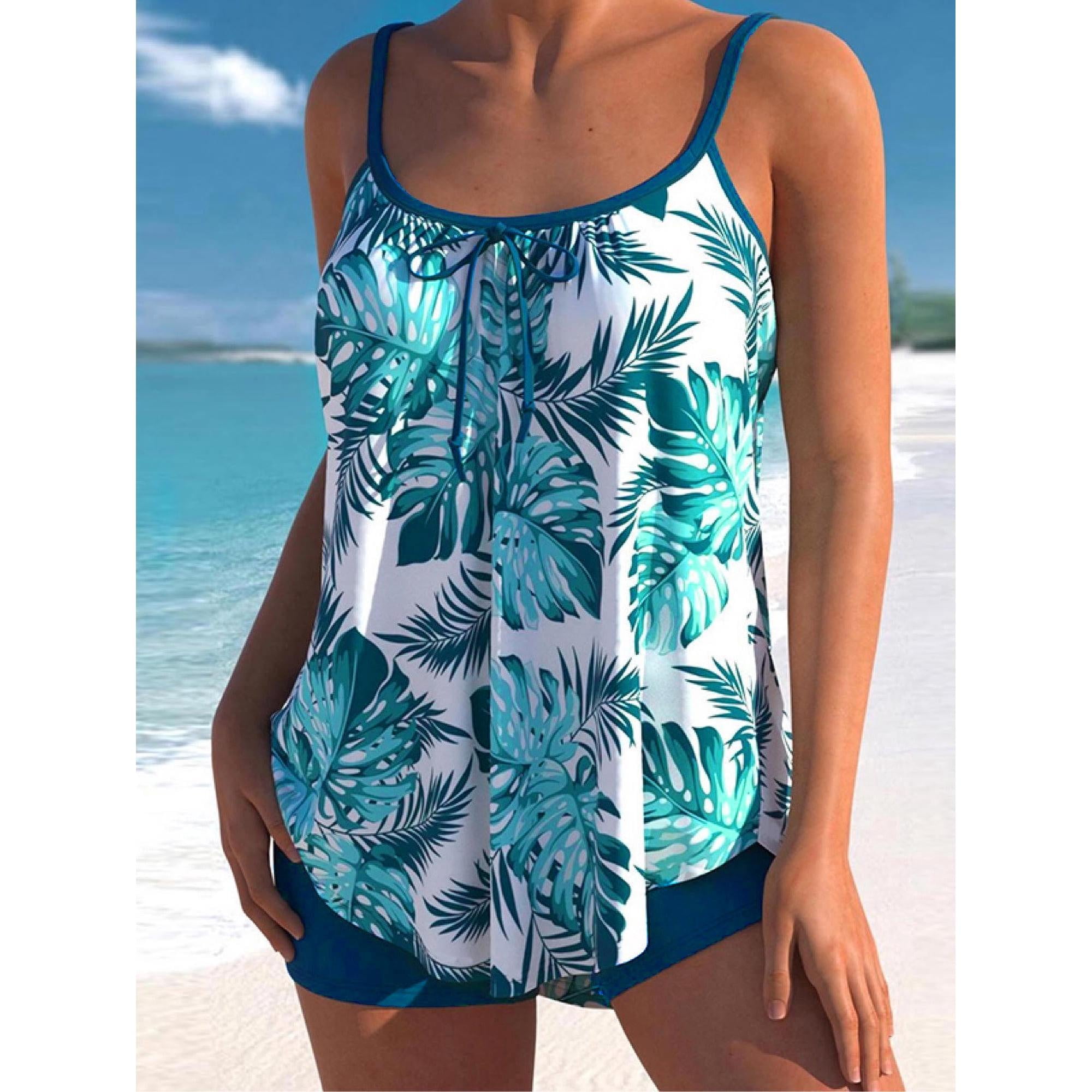 Fancyglim Womens Plus Size Tankini Swimsuits 2 Piece Modest Bathing Suits Top with Boyshorts Blue XL