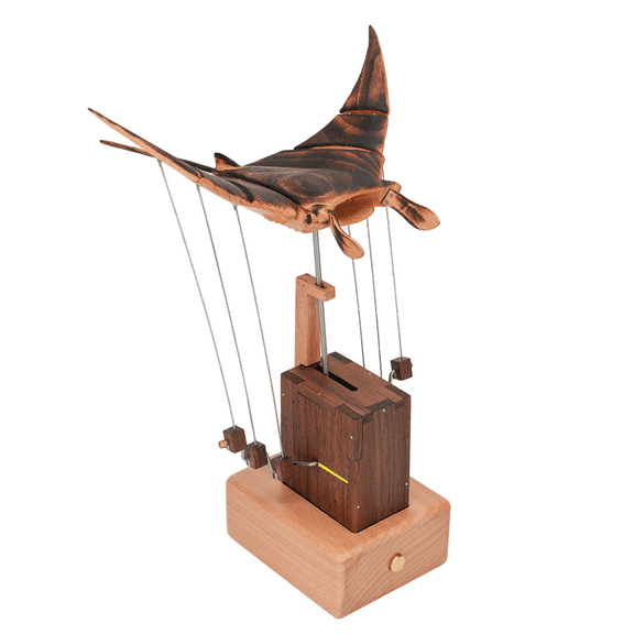 Wooden Manta Ray Dynamic Desk Decor Moving Marine Creature Sculpture Solid Wood Artistic Desktop Ornament Rechargeable Ocean Theme Display for Adults Enthusiasts